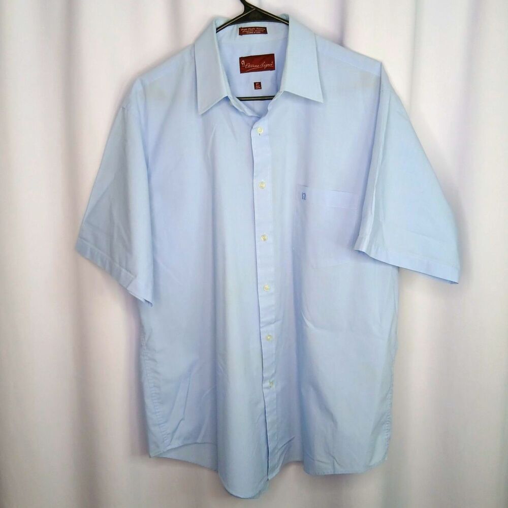 Etienne Aigner Button Down Dress Shirt Short Slv Blue Logo Chest Pocket Mens 17